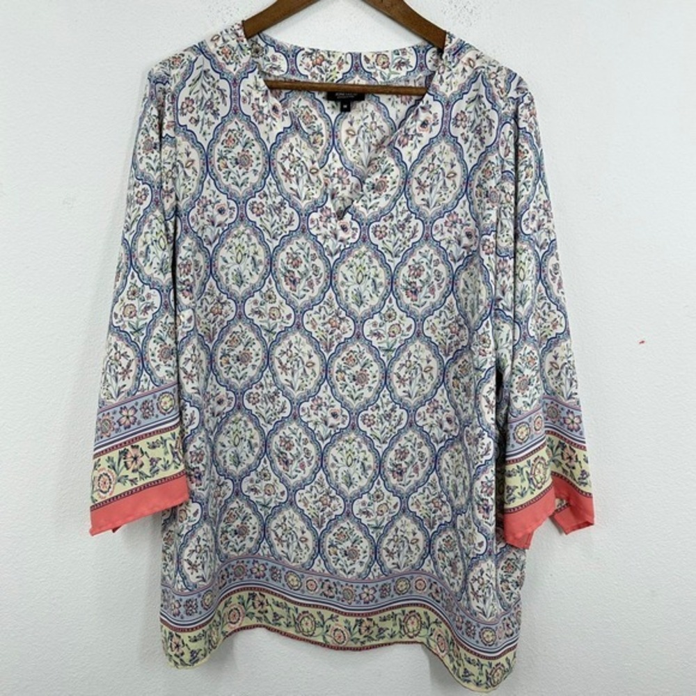 Jones & Co Floral Pastel Paisley Print V Neck Blouse Top 1X Multicolor